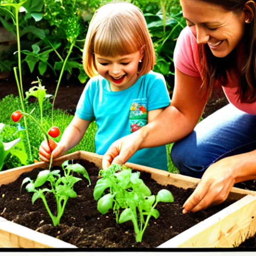 Home 4 **
A child happily gardening with a parent. They are planting seeds in a small garden bed filled with various vegetables like cherry tomatoes and lettuce. The sun is shining, and they are both smiling. Close up on seed packet shows high germination rate.
**